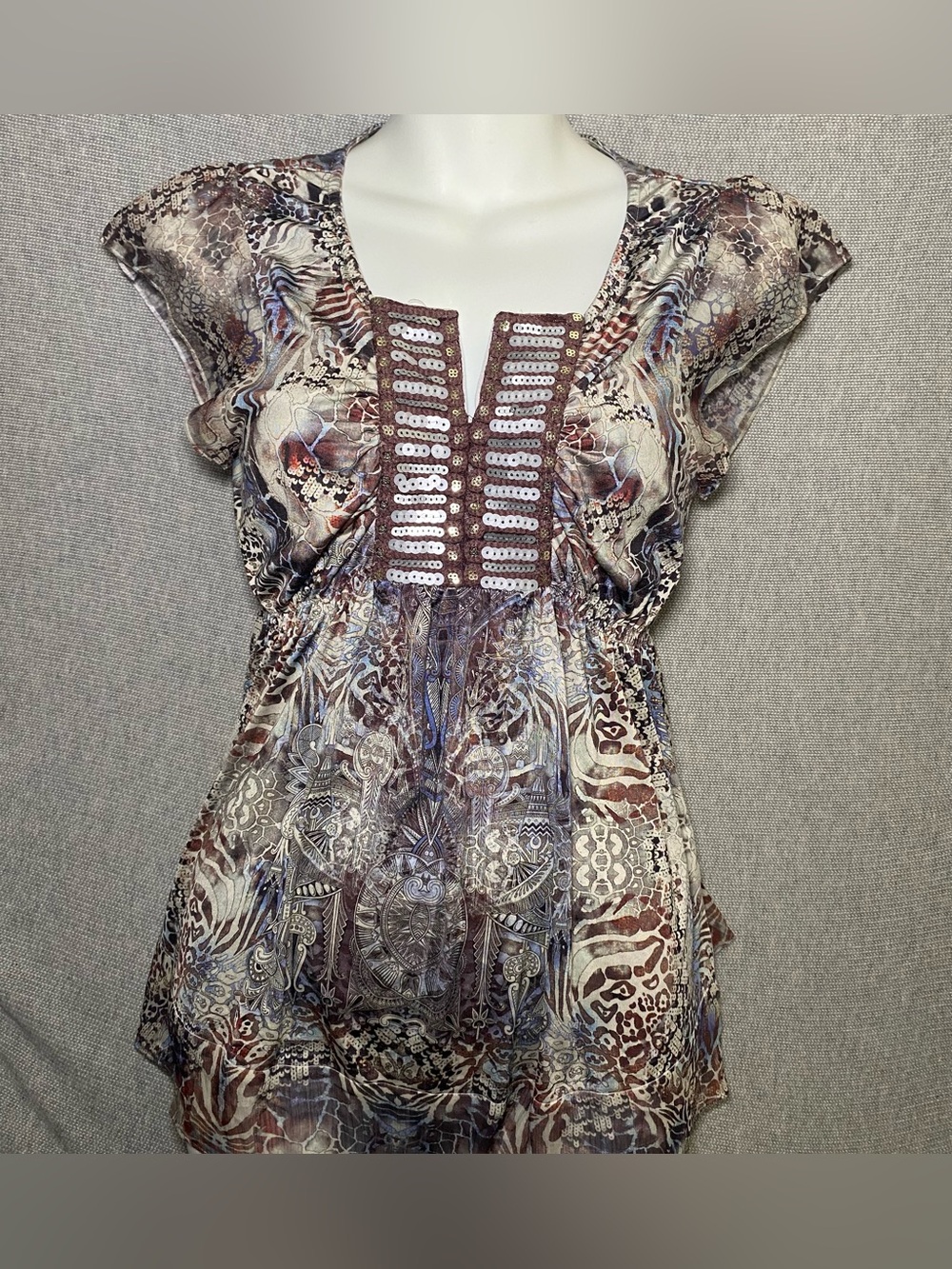 Apt 9 Top Womens Petite S Brown Sequin Trim Animal Print Y2K Fairy Boho Blouse